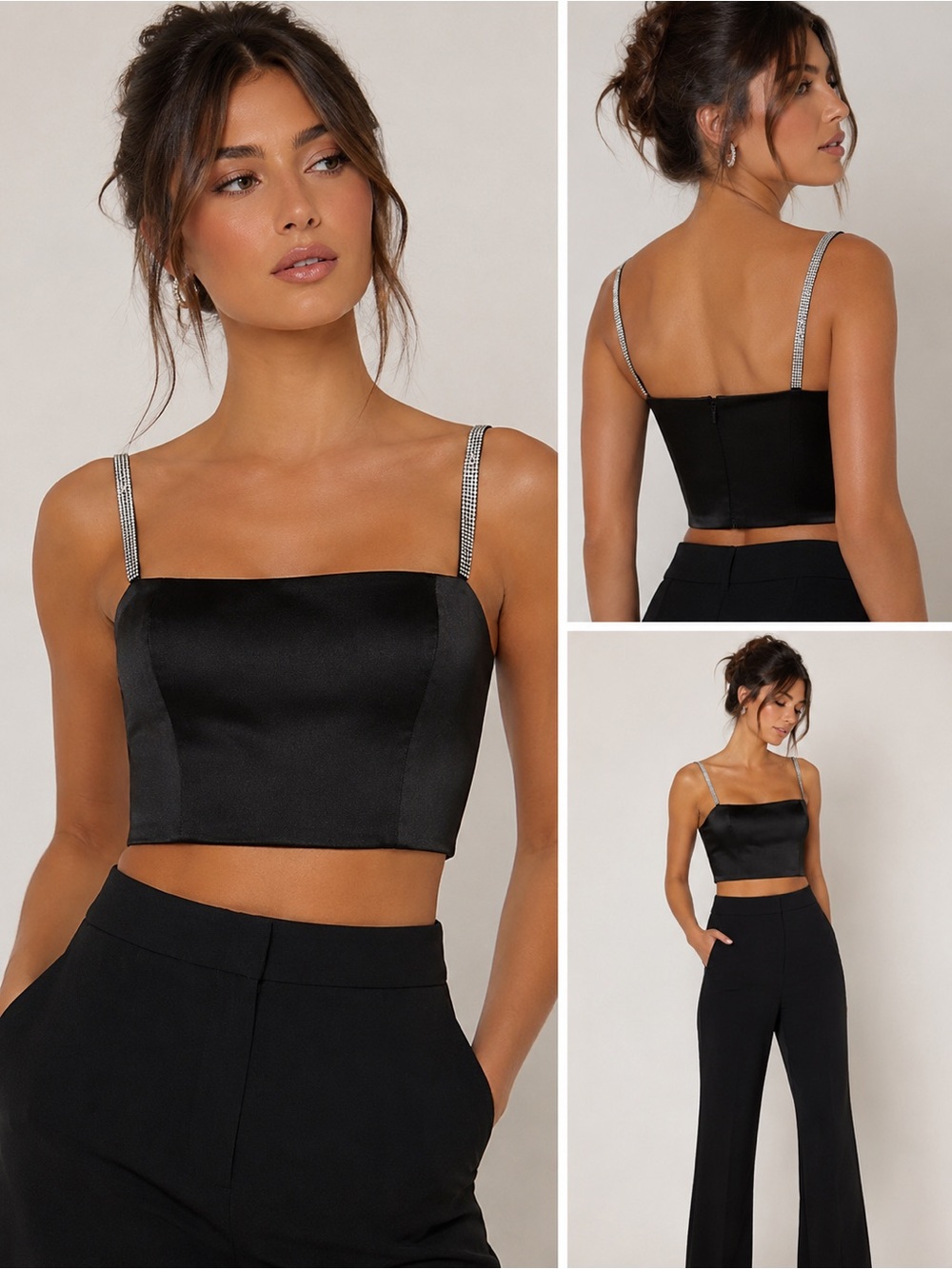 Alice + Olivia Black Satin Rhinestone Strap Corset Crop Top Size 6